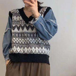 Mock Two-piece Denim-sleeve Panel Knit Sweater