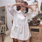 Heart Embroidered 3/4-sleeve A-line Shirt Dress White - One Size