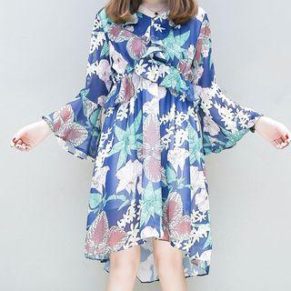 Bell-sleeve Patterned Dip-back Midi Dress