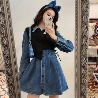 Long-sleeve Mini A-line Denim Dress / Vest