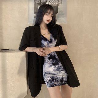 Spaghetti Strap Tie-dyed Mini Bodycon Dress / Elbow-sleeve Single Breasted Blazer