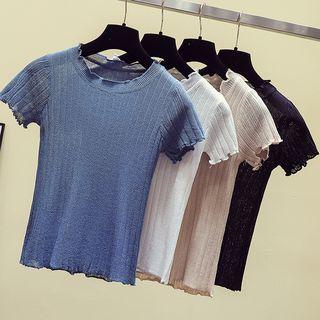 Short-sleeve Ruffle Trim Ribbed Knit Top