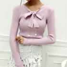Faux Pearl Bow Accent Ribbed Sweater