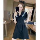 Short-sleeve Sailor Collar Button-up Mini A-line Dress