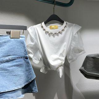 Mesh Panel Faux-pearl Collar Short-sleeve Top