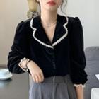 Puff Sleeve Lace Trim Velvet Shirt Black - One Size
