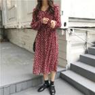 Butterfly Print Long-sleeve Midi A-line Dress