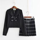 Sailor Collar Long-sleeve Top / Plaid Pleated Skirt