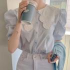 Balloon-sleeve Floral Collar Blouse Blue - One Size
