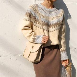 Round-neck Pattern Knit Top Beige - One Size