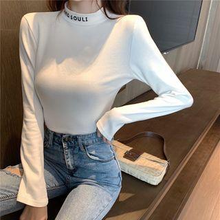 Mock-neck Lettering Print Long-sleeve T-shirt