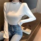 Mock-neck Lettering Print Long-sleeve T-shirt