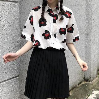 Flower Print Short-sleeve Shirt / High Waist Pleated Skirt