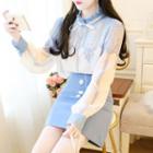 Long-sleeve Lace Print Shirt / Mini A-line Skirt / Set