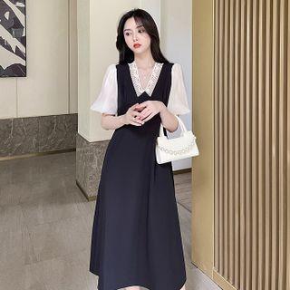 Short-sleeve V-neck Lace Trim Midi A-line Dress