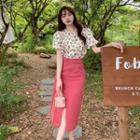 Puff-sleeve Floral Blouse / Slit Midi Pencil Skirt / Faux Pearl Necklace / Set