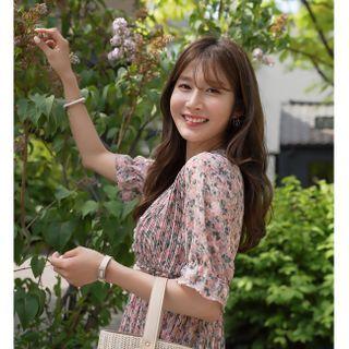 V-neck Crystal-pleat Floral Dress