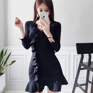 Ruffled V-neck Mini Knit Dress