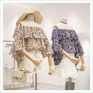 Printed Off Shoulder 3/4 Sleeve Chiffon Blouse