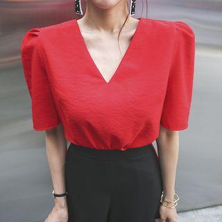 Puff-shoulder V-neck Top