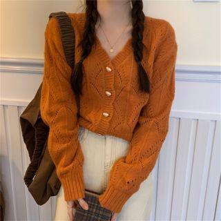 Wavy Trim Cutout Long-sleeve Knit Cardigan