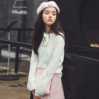 Lace-up Pointelle Sweater