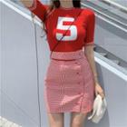 Short-sleeve Lettering Knit Top / Plaid Skirt