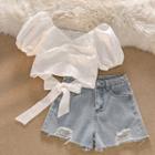 Puff-sleeve Bow-back Blouse / Distressed Denim Shorts