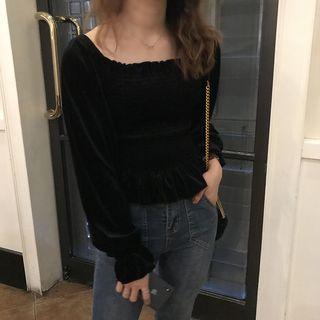 Plain Lantern-sleeve Peplum Top Black - One Size