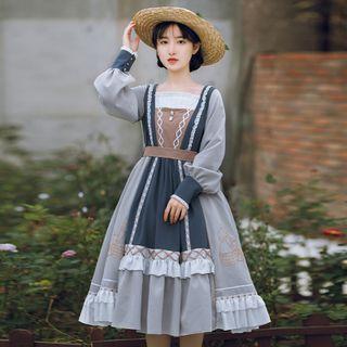 Puff-sleeve Argyle Embroidered Ruffled Midi A-line Dress