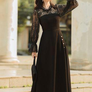 Long-sleeve Beaded Lace Panel Midi A-line Dress