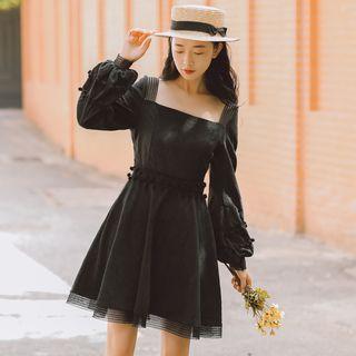 Puff-sleeve Mesh Panel Pom Pom A-line Dress