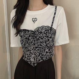 Short-sleeve Mock Two-piece Print Panel T-shirt White & Black - One Size