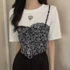 Short-sleeve Mock Two-piece Print Panel T-shirt White & Black - One Size