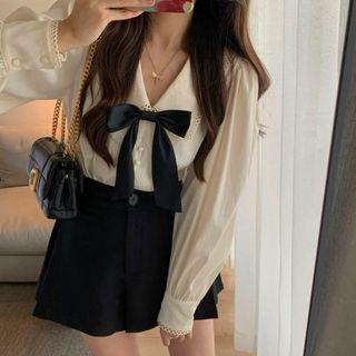 Set: Puff Sleeve Bow Accent Shirt + Plain A-line Shorts