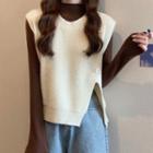 Long-sleeve Mock-neck Knit Top / Slit-hem Sweater Vest