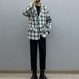 Plaid Blazer / Long-sleeve T-shirt / Straight-leg Pants