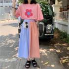 Short-sleeve Flower Print T-shirt / Gingham A-line Midi Skirt