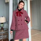 Set: Double-breasted Houndstooth Coat + Mini A-line Skirt