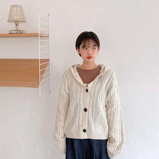 Hooded Wool Blend Cable-knit Cardigan