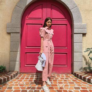 Puff-sleeve Buttoned Jumpsuit With Belt