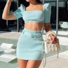 Set: Short-sleeve Square-neck Crop Top + Mini Pencil Skirt