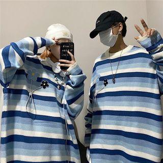 Striped Floral-accent Sweater