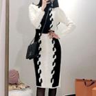 Turtleneck Color Block Long-sleeve Cable Knit Dress As Shown In Figure - One Size