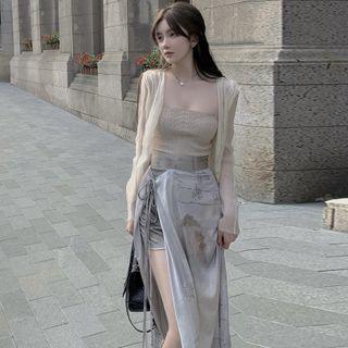 Cable-knit Camisole Top / Light Jacket / Printed Midi Pencil Skirt