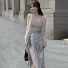 Cable-knit Camisole Top / Light Jacket / Printed Midi Pencil Skirt