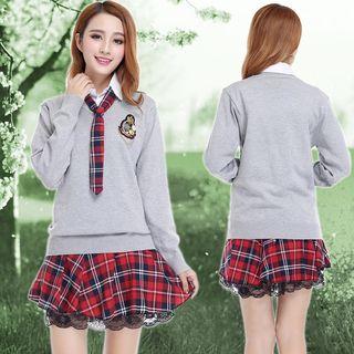 Set: Shirt + Pleated Plain Skirt + Knit Top
