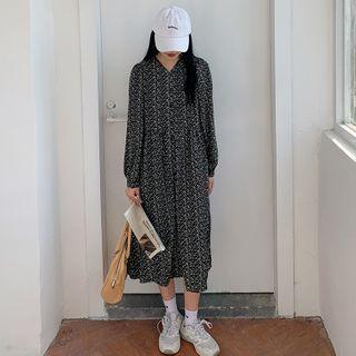 Long-sleeve Flower Print Midi Shift Dress Black - One Size