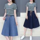 Set: Striped Short-sleeve T-shirt + A-line Denim Skirt