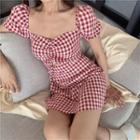 Short-sleeve Gingham Cutout A-line Dress As Shown In Figure - One Size